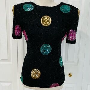 Vintage Fay Black Top with Gold, Pink, and Green Accents 100% Silk